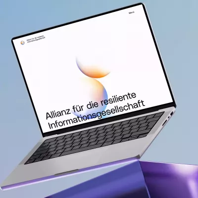 Schwebender Laptop vor blauem Hintergrund, auf dem Bildschirm die Webseite der \