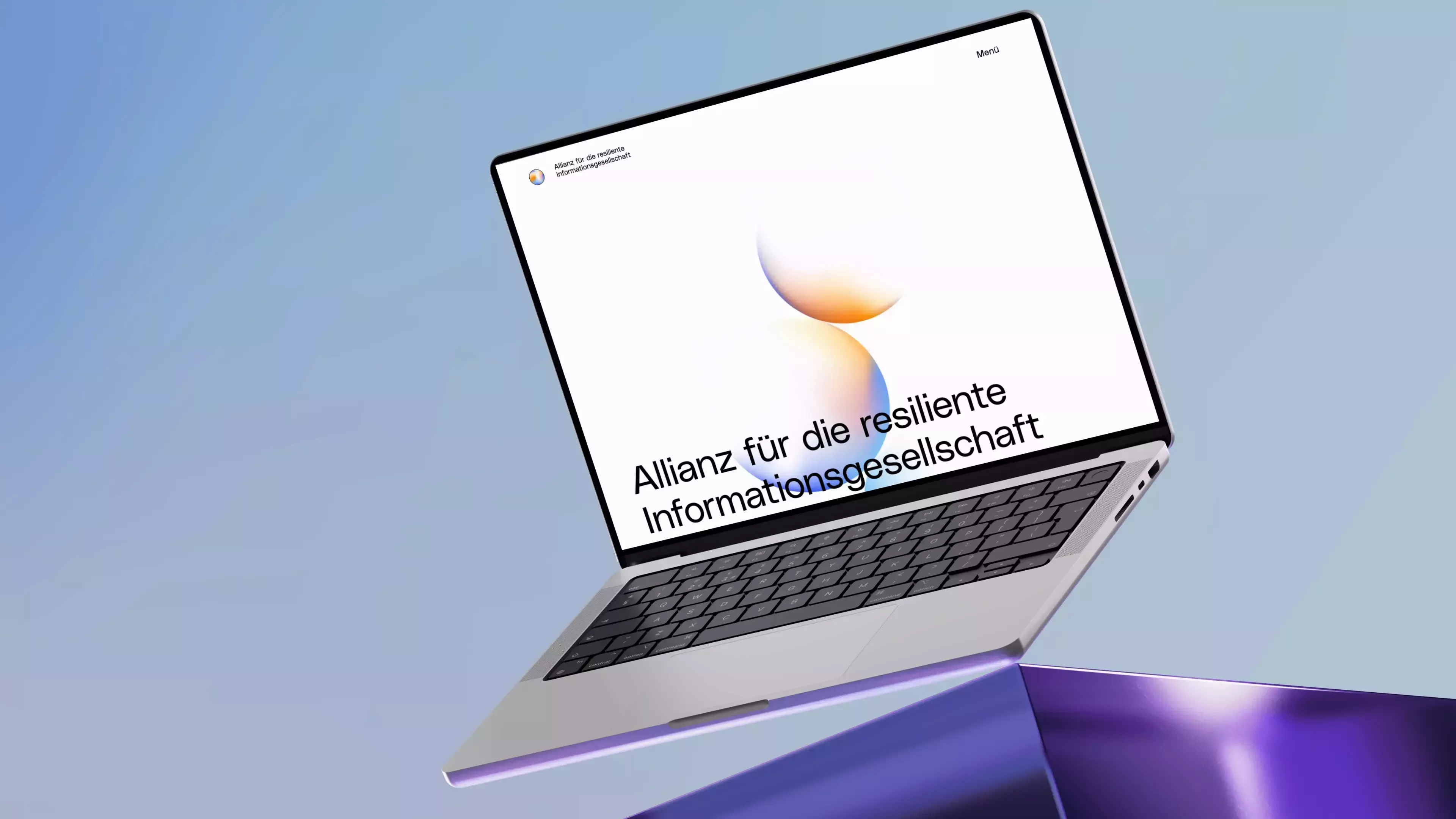 Floating laptop in front of a blue background, with the website of the \