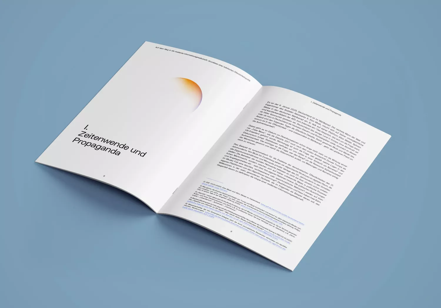 Open brochure on blue background, left page with chapter heading \