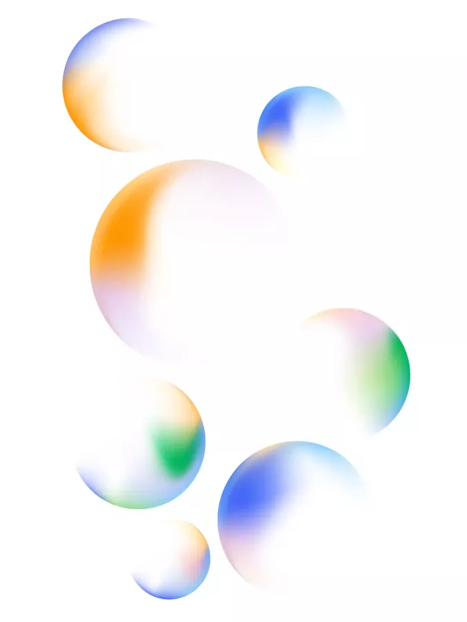 Floating bubbles of various sizes in soft color gradients of blue, orange, green, pink, and white on a white background