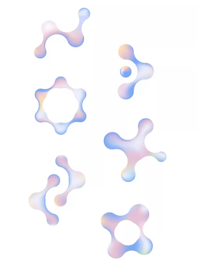Organic, molecular-like shapes in soft color gradients of blue, pink, green, and orange on a white background