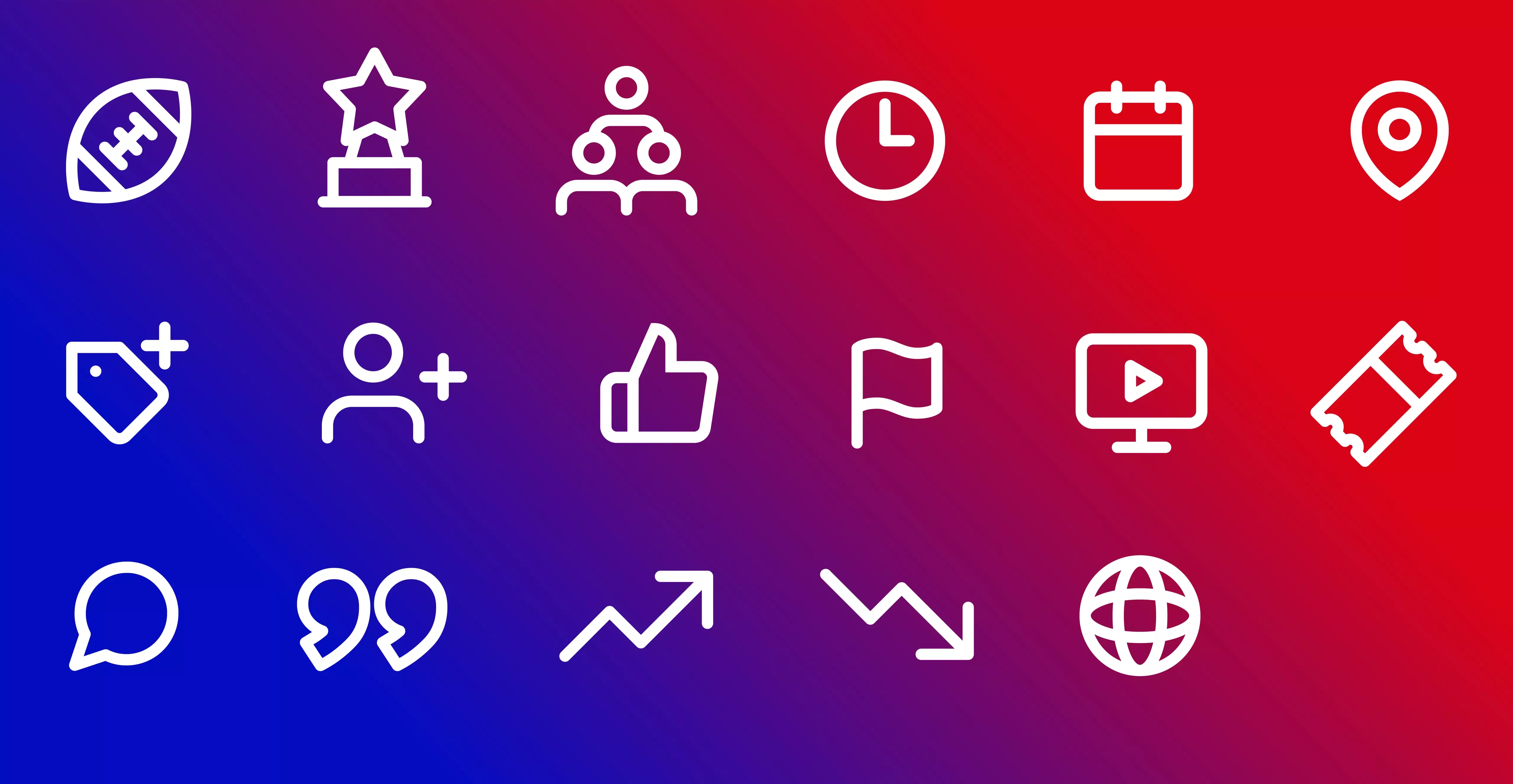 White icons for football, trophy, team, clock, calendar, location, tag, person, thumbs up, flag, video, ticket, speech bubble, quote, arrows, and globe on a blue-red gradient