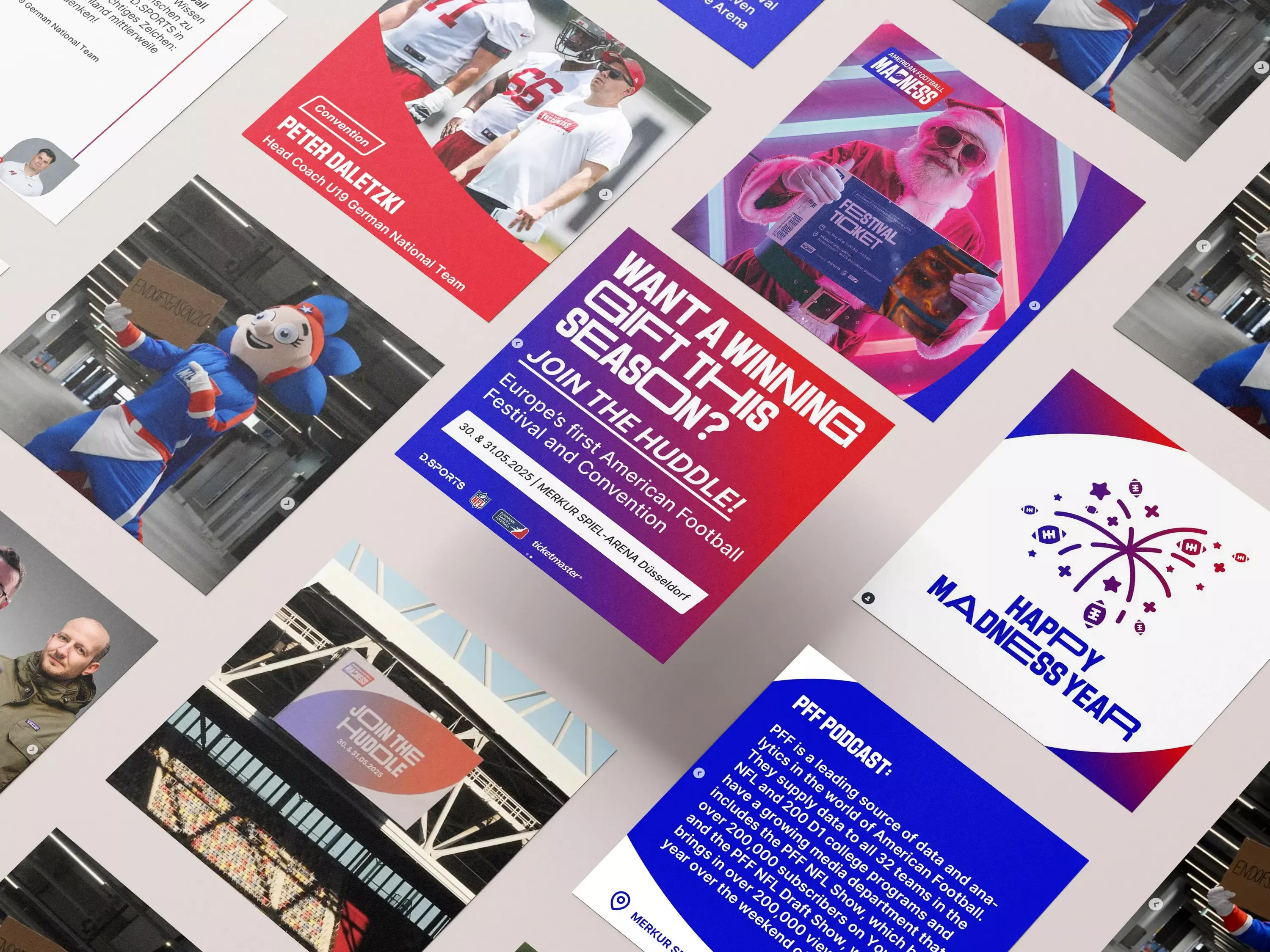 Collage aus bunten Werbegrafiken mit den dominierenden Farben rot und blau für das American-Football-Madness-Event, mit Fotos von der Mannschaft, Maskottchen, Santa mit Ticket und Schriftzügen wie \