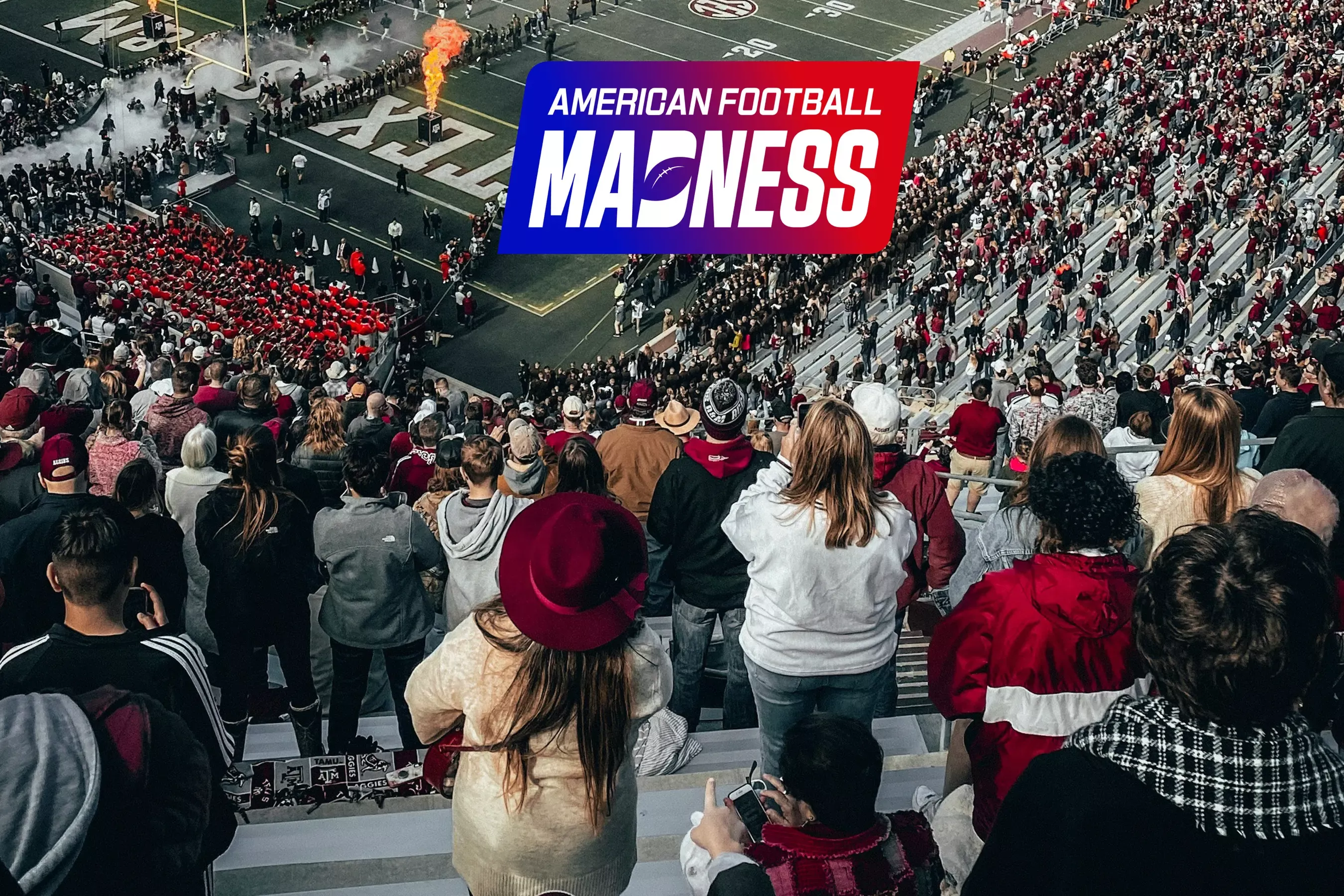 Large football stadium with packed stands, people dressed in red and white, fire and smoke effects on the field, lettering \