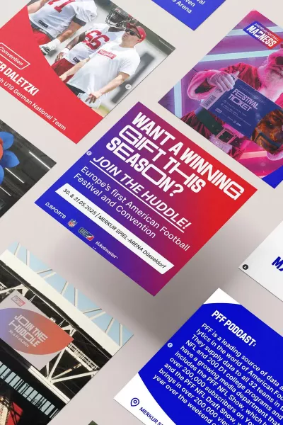 Collage of colorful advertising graphics with the dominant colors red and blue for the American Football Madness event, featuring photos of the team, mascot, Santa with ticket, and slogans such as \