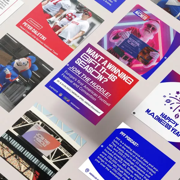 Collage of colorful advertising graphics with the dominant colors red and blue for the American Football Madness event, featuring photos of the team, mascot, Santa with ticket, and slogans such as \