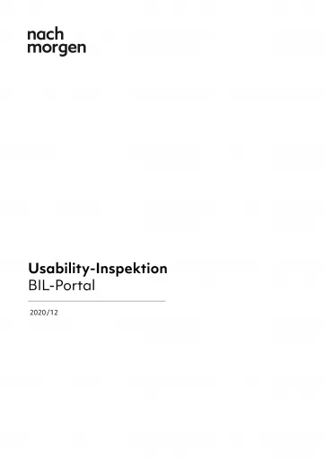 Titelseite eines Dokuments mit Logo „nach morgen“ oben links und dem Titel „Usability-Inspektion BIL-Portal“