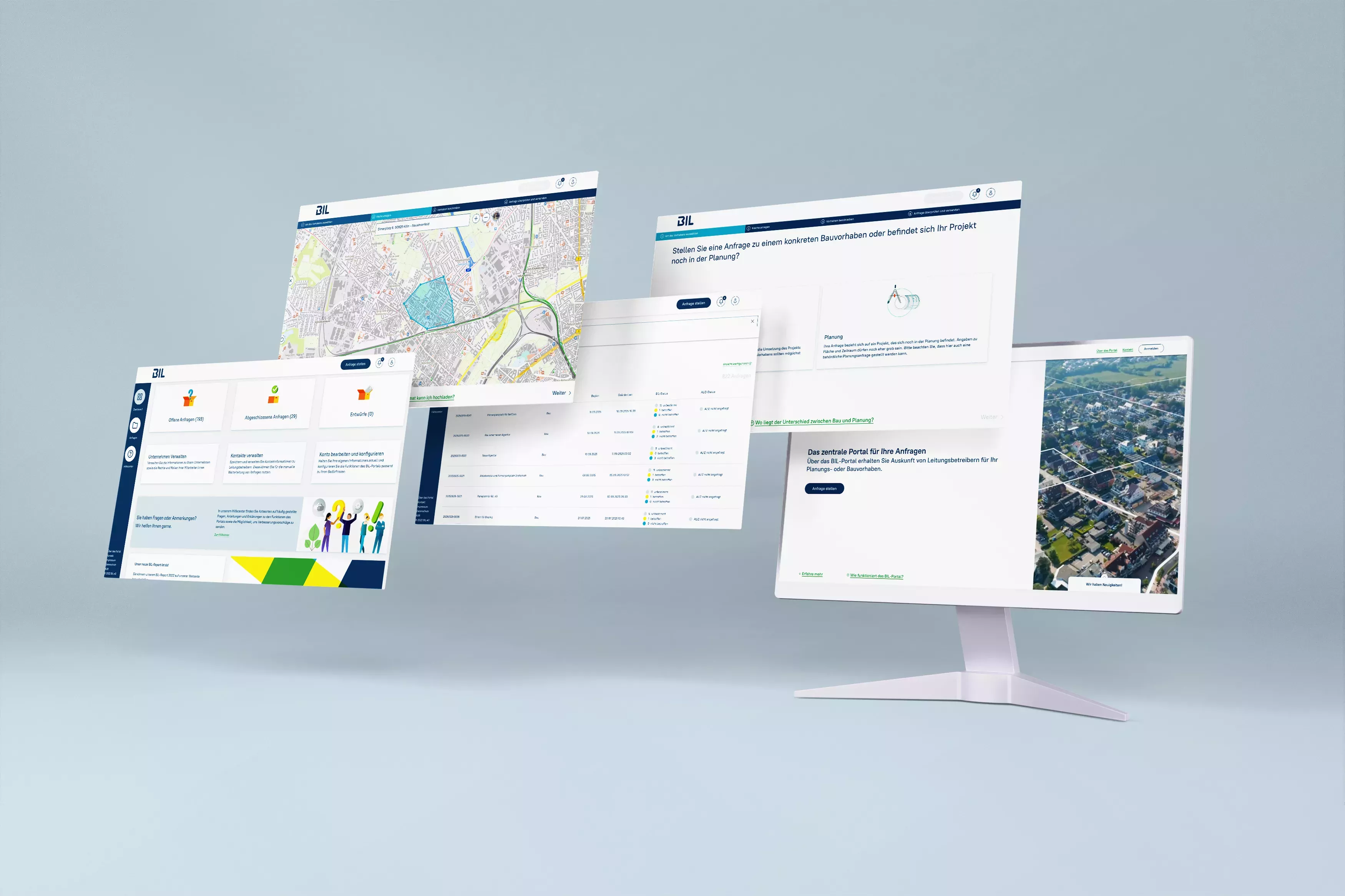 Mehrere geöffnete BIL Webseiten mit Karten, Tabellen und Formularen schweben vor einem weißen Monitor in einem hellgrauen Raum