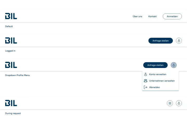 Darstellung verschiedener Navigationsleisten des BIL-Portals in Zuständen Default, Logged In, Dropdown Profile Menu und During request