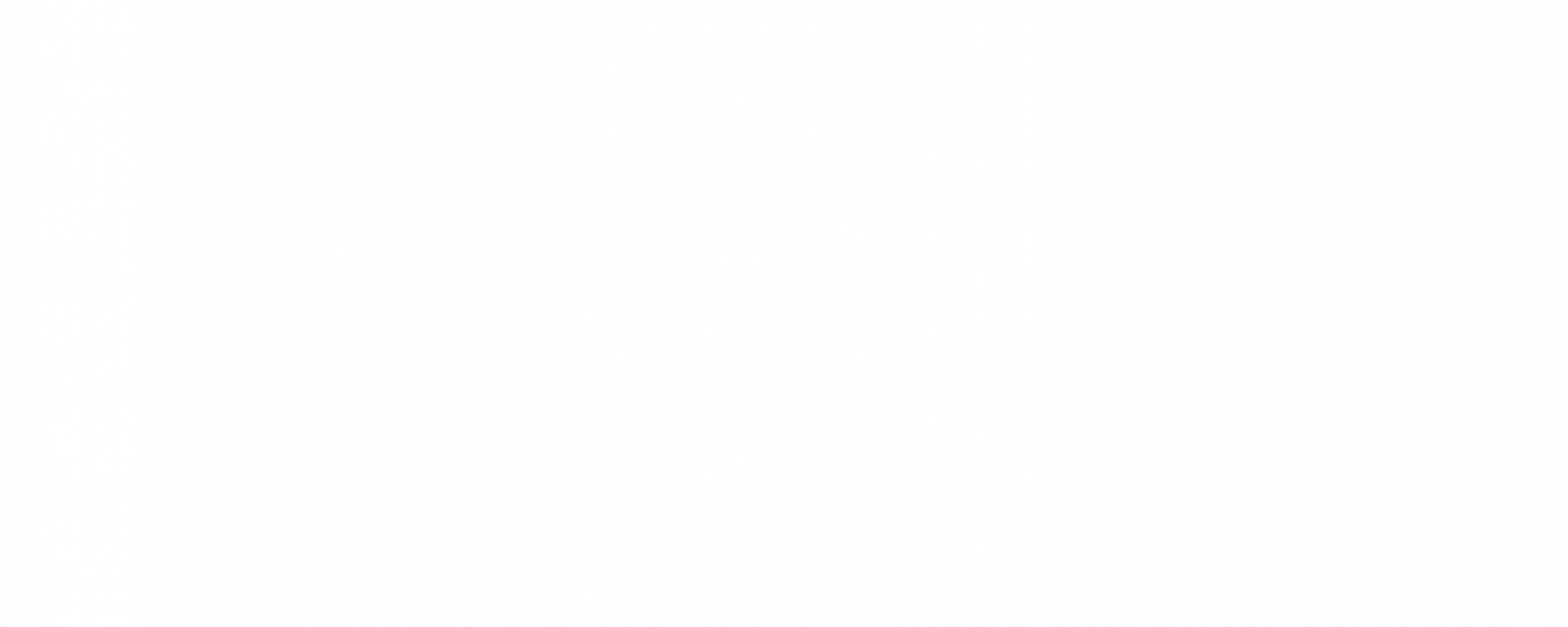 Sammlung vielen verschiedenen weißen Symbolen, darunter Ordner, Stift, Haken, Sprechblase, Kalender, Standort, Pfeile in verschiedene Richtungen, Lupe, Personen-Icons, Dokumente, Papierkorb, Plus, Minus, Kreuz, Glocke, Ebenenstapel und weitere Standard-UI-Symbole