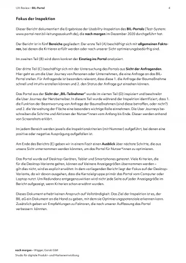 Dokumentseite mit dem Abschnitt „Fokus der Inspektion“, der den Aufbau des Usability-Inspektionsberichts zum BIL-Portal beschreibt