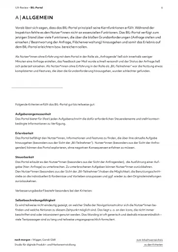 Dokumentseite mit Kapitel „A Allgemein“ der Usability-Inspektion des BIL-Portals, das festhält, dass die Kernfunktionen erfüllt werden