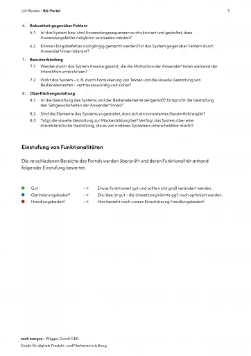 Dokumentseite der „Usability-Inspektion“ für das BIL-Portal mit Kriterien zu Robustheit gegenüber Fehlern, Benutzerbindung und Oberflächengestaltung