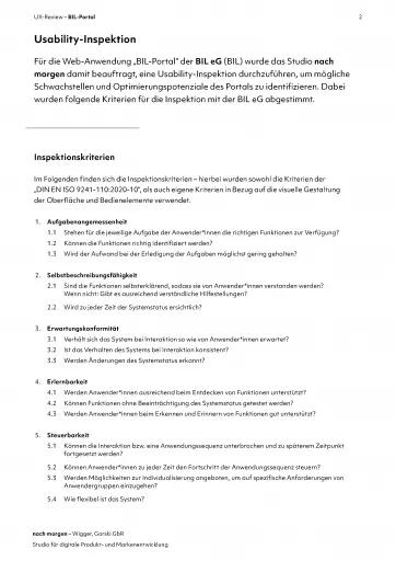 Dokumentseite mit dem Titel „Usability-Inspektion“ für das BIL-Portal, erstellt von nach morgen, mit einer Liste von Inspektionskriterien zu Aufgabenangemessenheit, Selbstbeschreibungsfähigkeit, Erwartungskonformität, Erlernbarkeit und Steuerbarkeit
