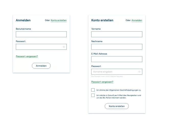 Darstellung der Anmelde- und Registrierungsmaske des BIL-Portals: links Login mit Benutzername und Passwort, rechts Formular zur Kontoerstellung