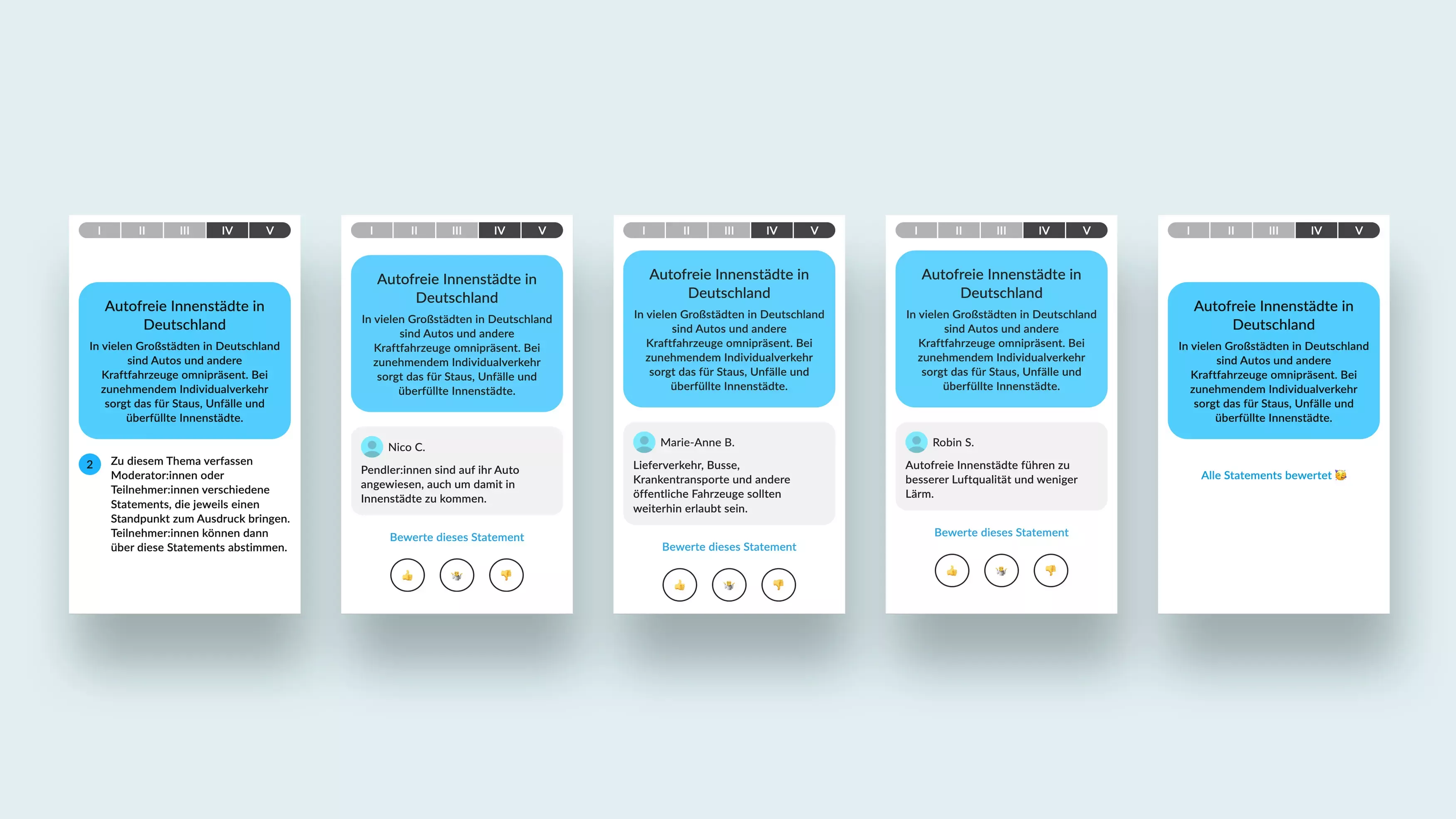 Fünf Smartphone-Screens mit blau-weißer Oberfläche zum Thema \