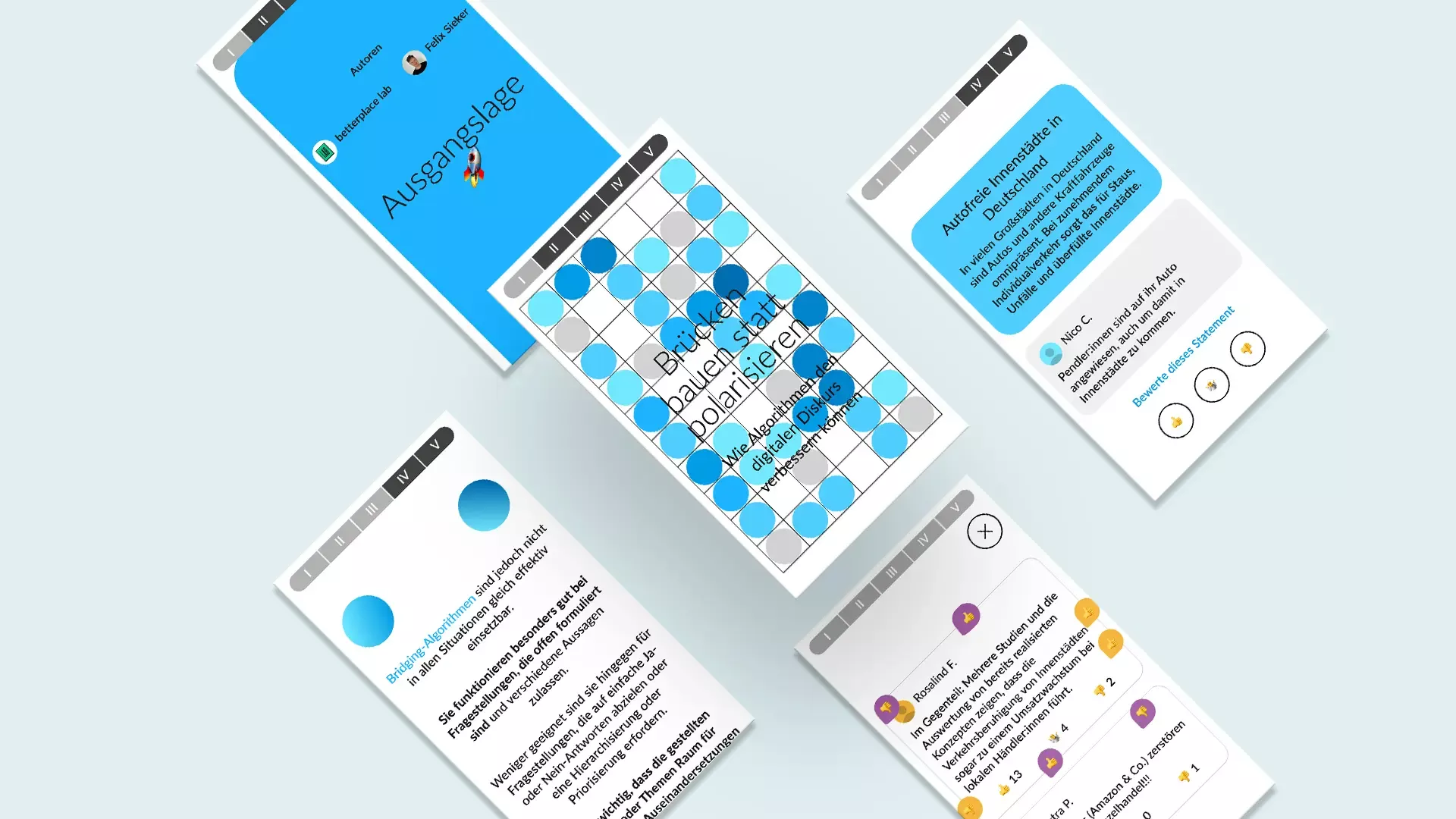 Darstellung mehrerer Smartphone-Screens mit blau-weißer Oberfläche, Themen wie Ausgangslage, Brücken bauen statt polarisieren, autofreie Innenstädte, Bridging-Algorithmen und Statements