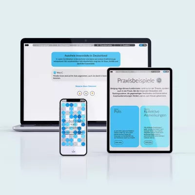 Laptop, Smartphone und Tablet mit blau-weißen Oberflächen zu \