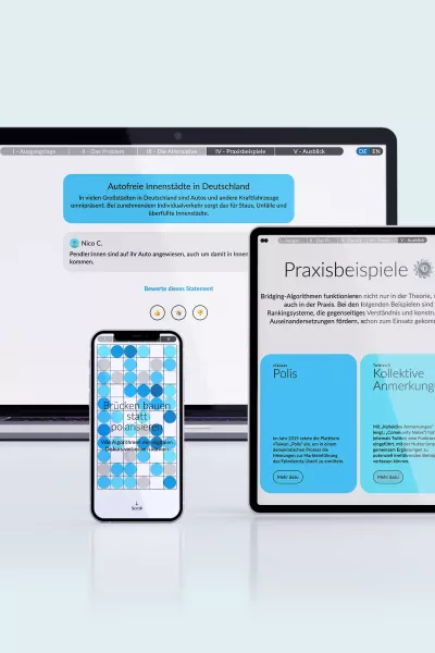 Laptop, smartphone, and tablet with blue and white surfaces depicting \