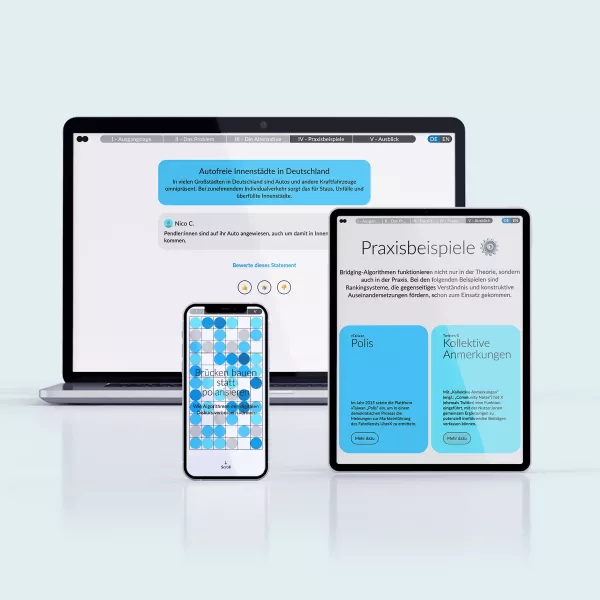 Laptop, smartphone, and tablet with blue and white surfaces depicting \