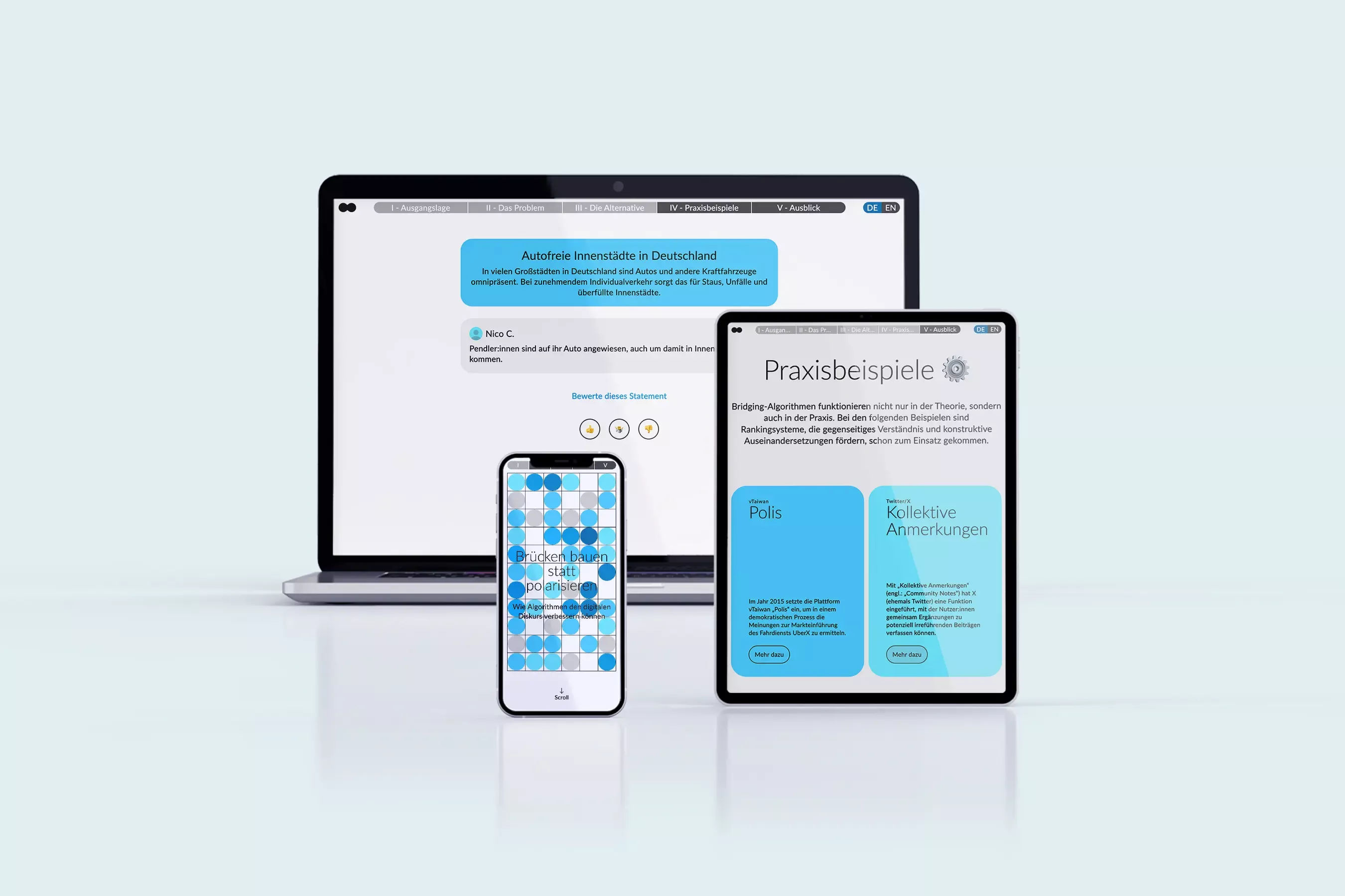 Laptop, smartphone, and tablet with blue and white surfaces depicting \