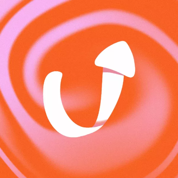 Weißes, geschwungenes Pfeilsymbol auf orange-rosa wirbelndem Hintergrund