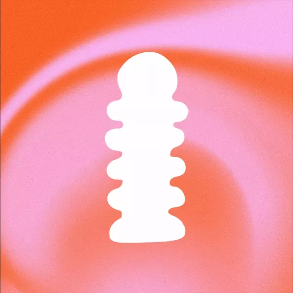 Weißes Symbol mit runder Spitze und welligen Seiten auf orange-rosa wirbelndem Hintergrund