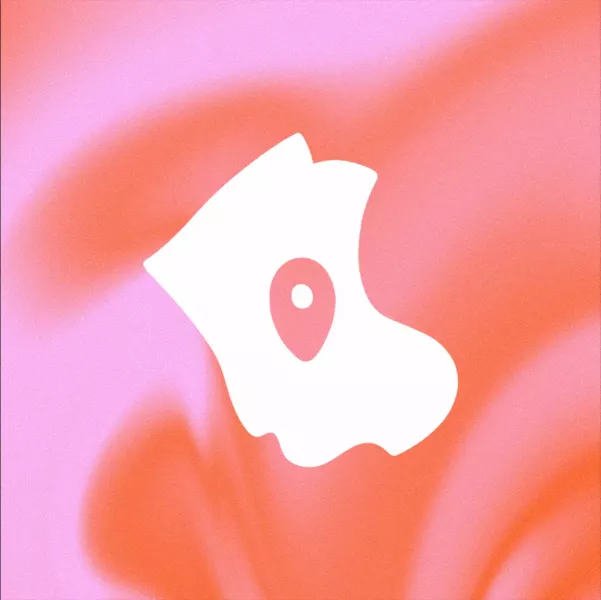 Weiße Kartensilhouette mit Kartenmarker in der Mitte auf orange-rosa wirbelndem Hintergrund