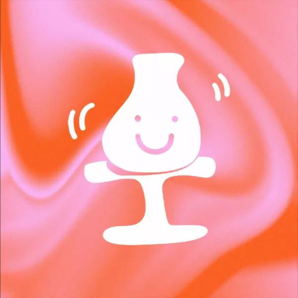 Weißes Symbol einer Vase mit lächelndem Gesicht stehend auf einem Tisch auf orange-rosa wirbelndem Hintergrund