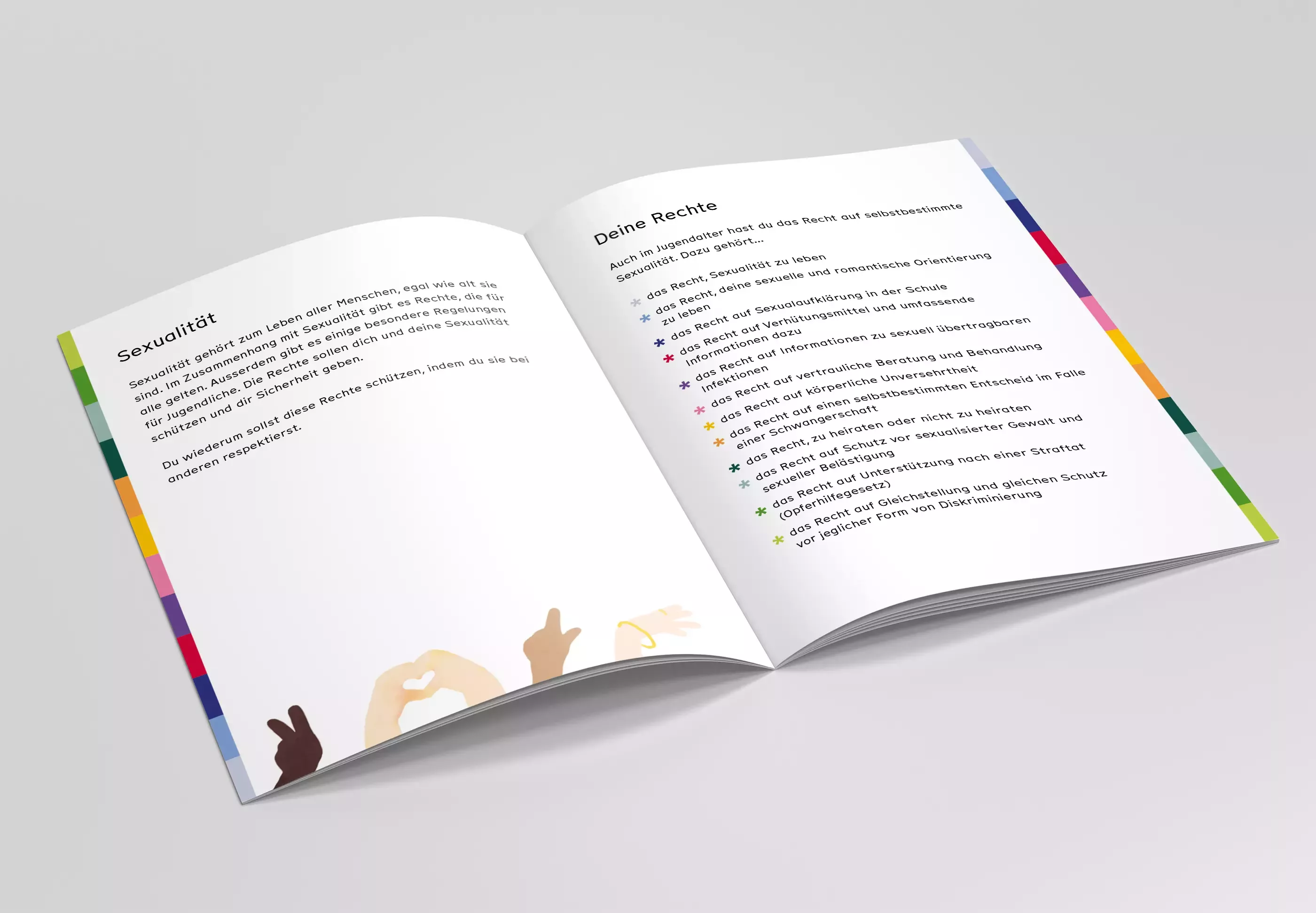 Open brochure on a white background with the headings „Sexualität“ (Sexuality) and „Deine Rechte“ (Your rights.) On the right-hand side, the individual rights are listed as bullet points
