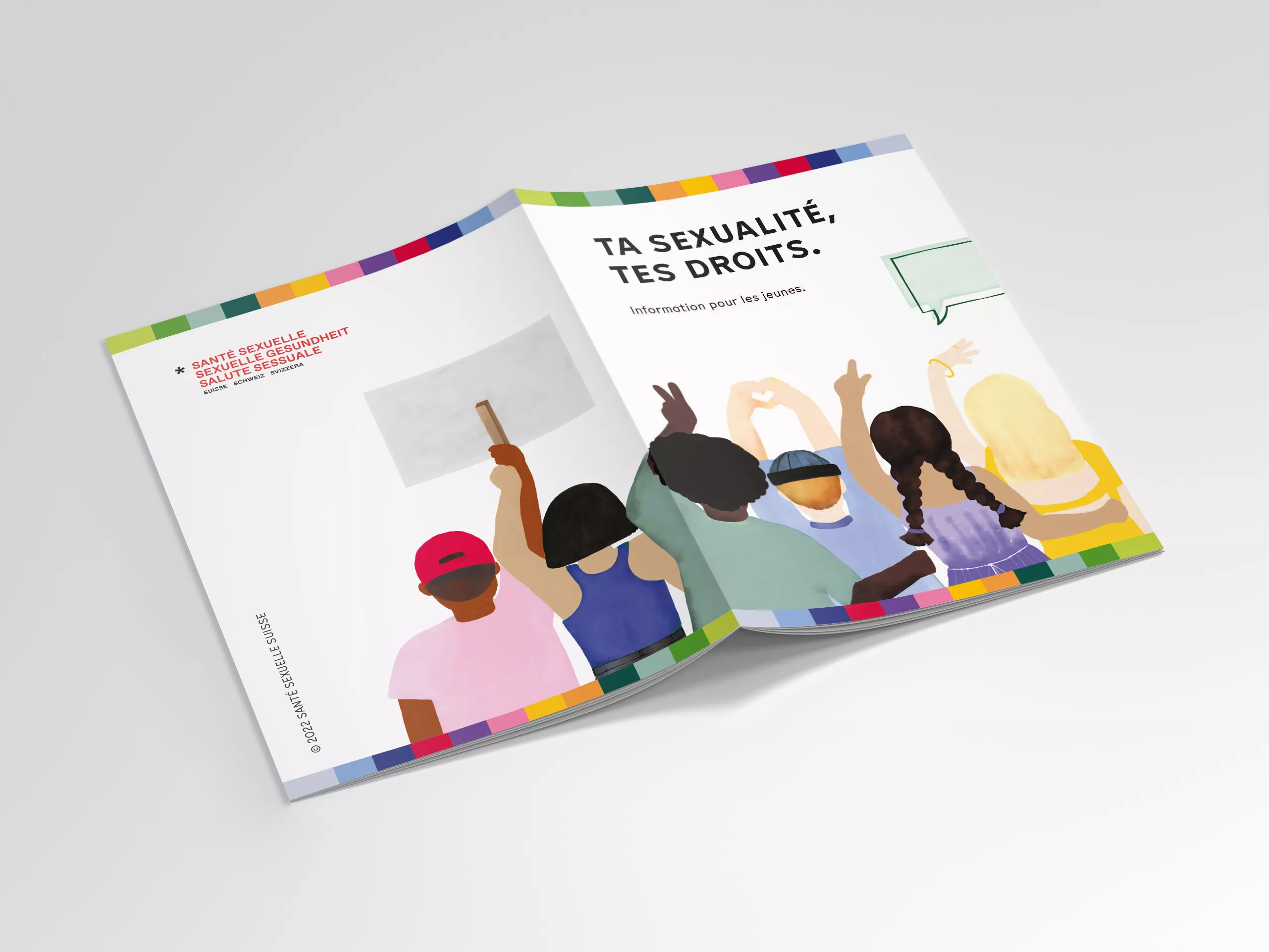 Aufgeschlagenes Heft mit der Titelseite „Deine Sexualität – Deine Rechte.“ und einer Illustration von Jugendlichen, die Schilder hochhalten und Handzeichen machen