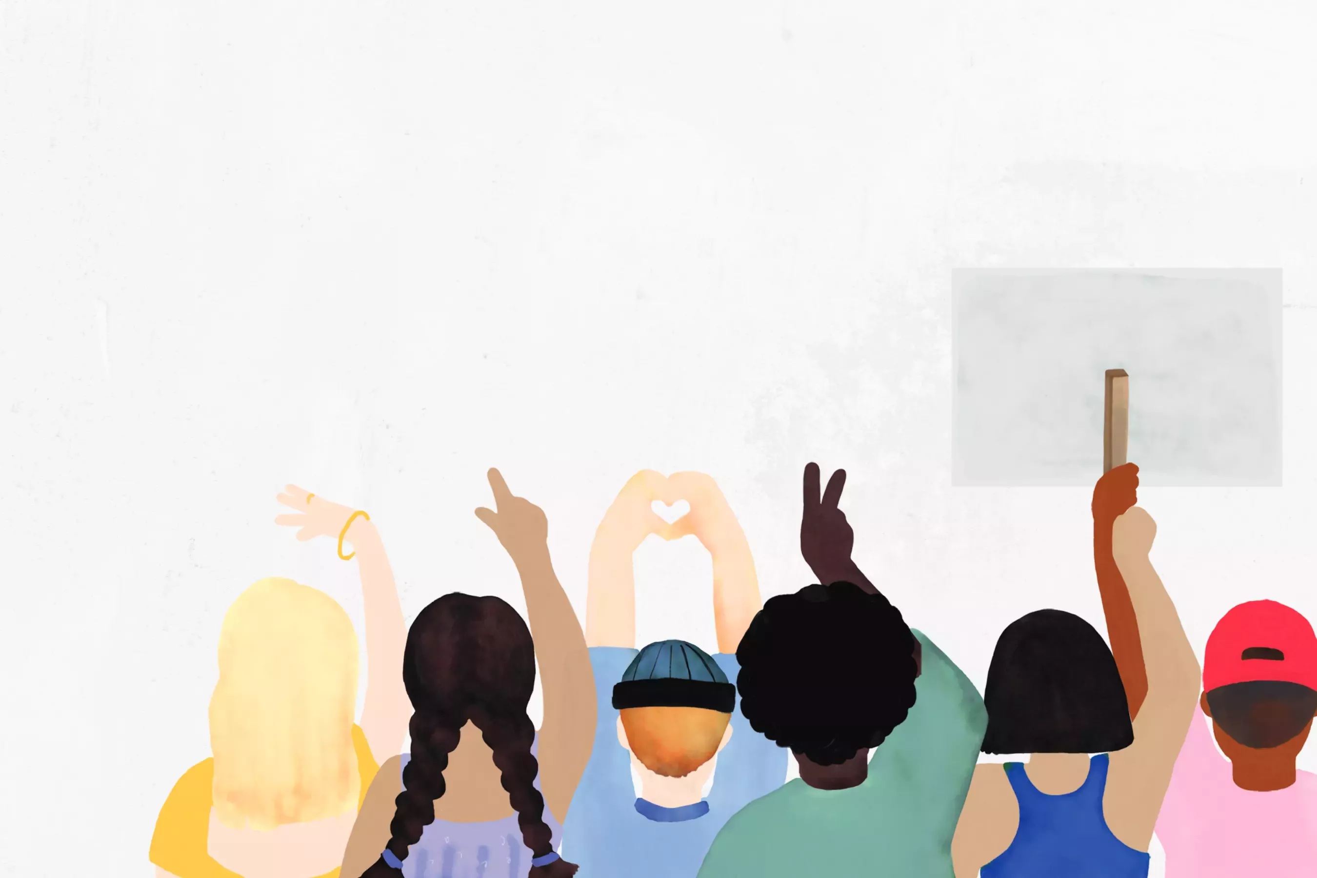Illustration of six young people standing with their backs to a concrete wall, their arms raised in the air, one person making a peace sign and another forming a heart shape with their hands