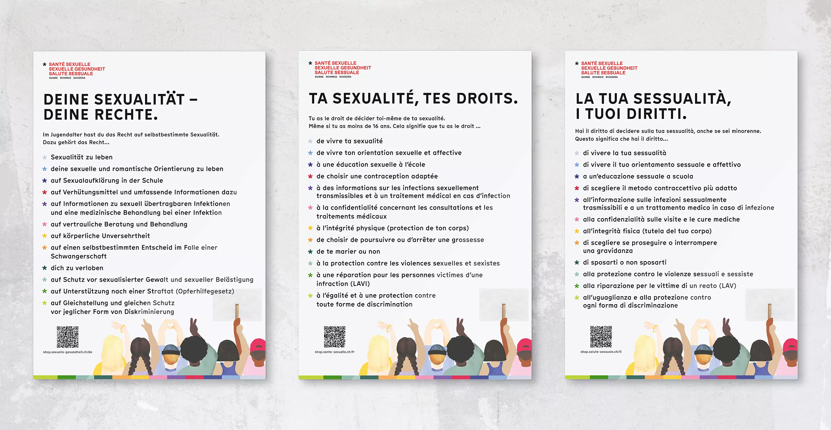 Dreo Plakate nebeneinander, eines auf Deutsch, eines auf Französisch und eins auf Italienisch. Die Überschriften lauten „DEINE SEXUALITÄT – DEINE RECHTE“, „TA SEXUALITÉ, TES DROITS“ und \