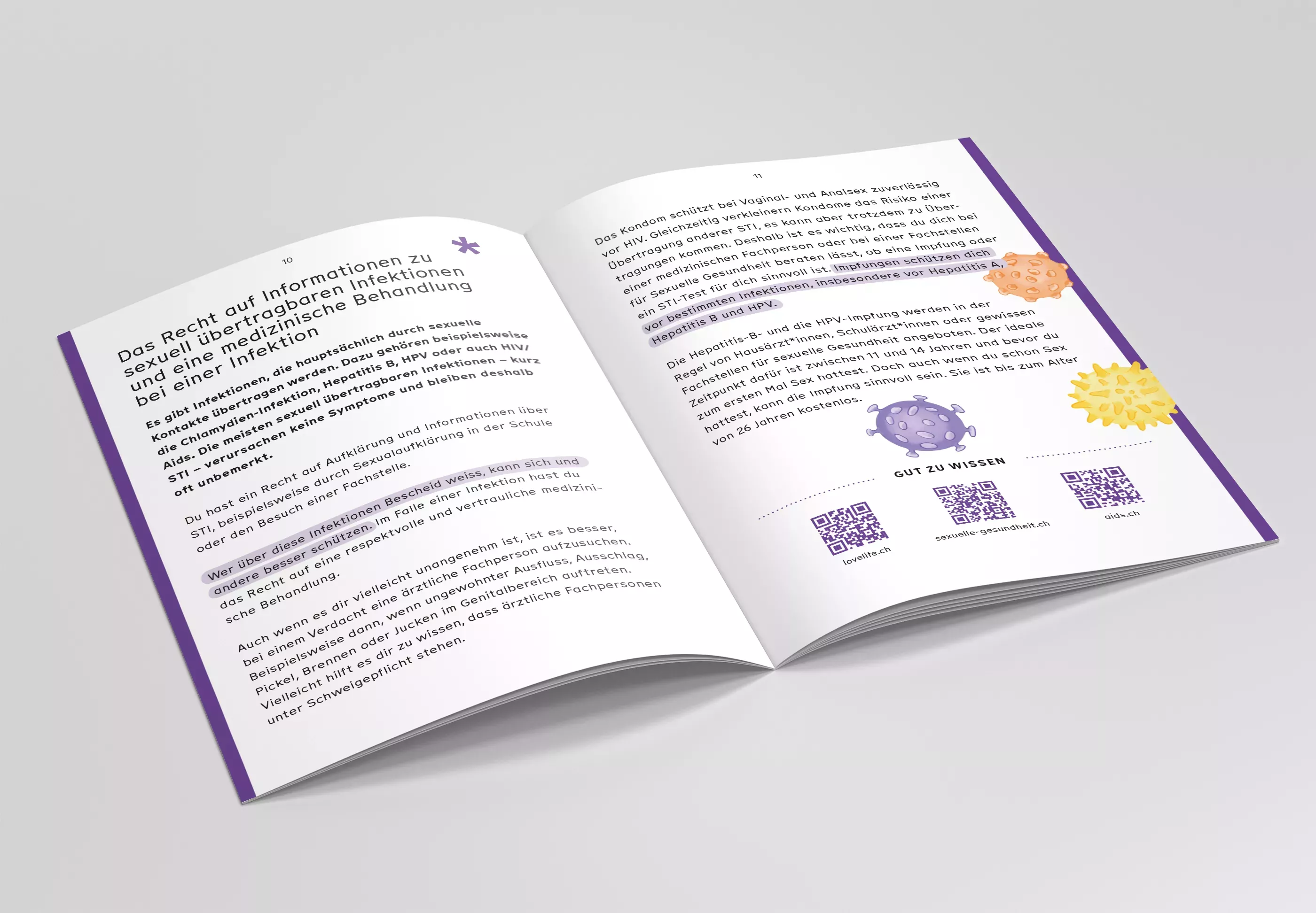 Aufgeschlagene Broschüre auf weißem Hintergrund mit den Überschriften „Das Recht auf Informationen zu sexuell übertragbaren Infektionen“. Auf der rechten Seite sind kleine Illustrationen von Viren abgebildet