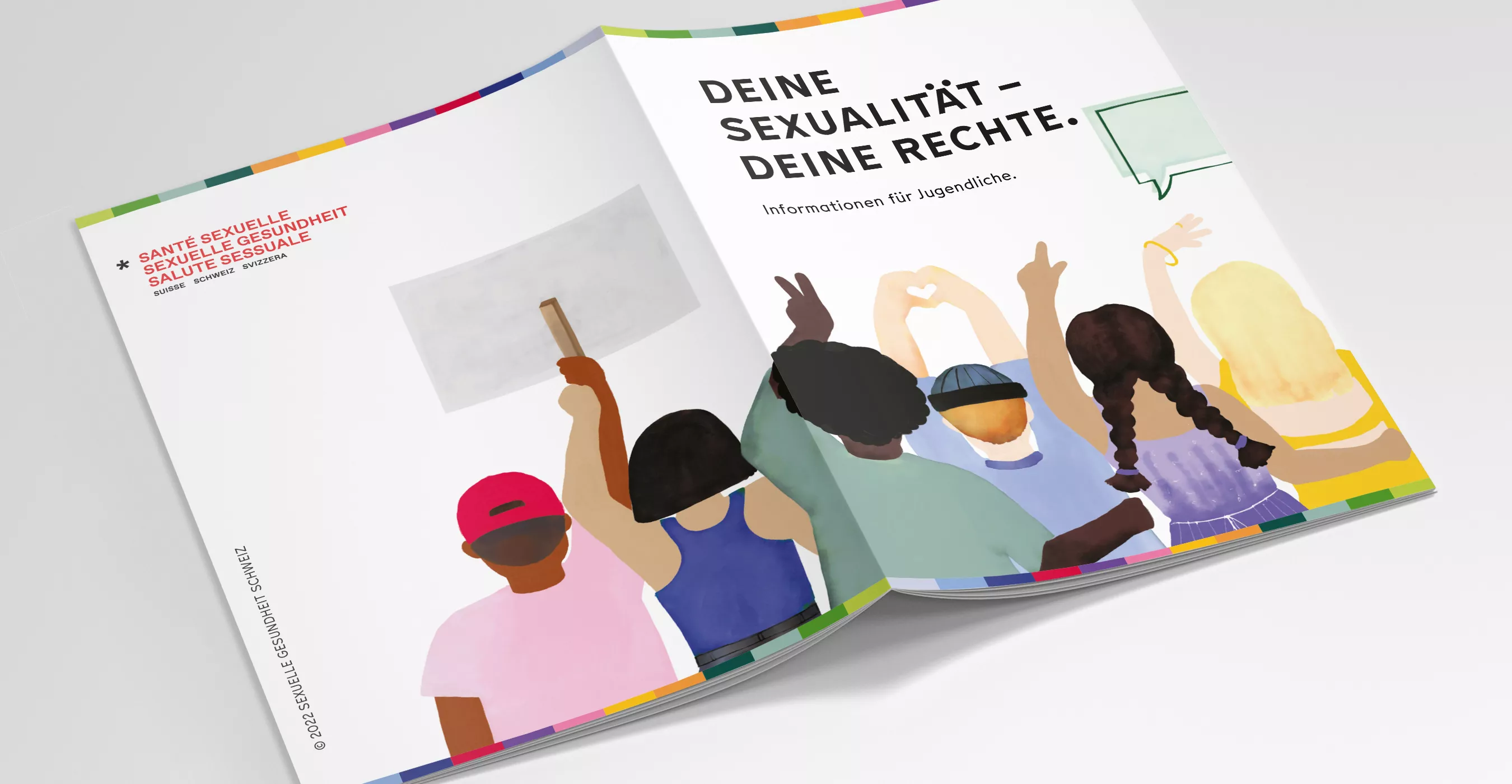 Aufgeschlagenes Heft mit der Titelseite „Deine Sexualität – Deine Rechte.“ und einer Illustration von Jugendlichen, die Schilder hochhalten und Handzeichen machen