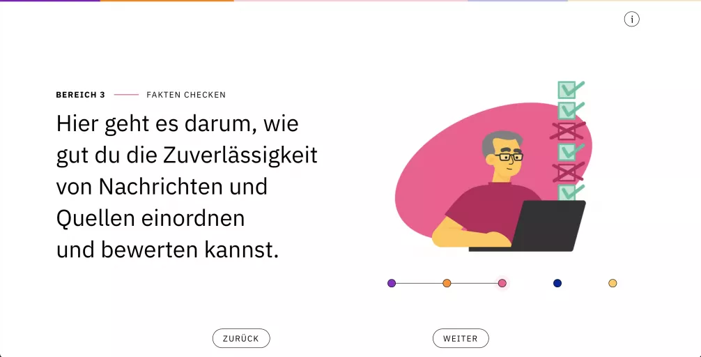 Ansicht des Bereichs „Fakten checken“ mit Infotext und pinkfarbener Illustration einer Person am Laptop vor Checkbox- und Kreuz-Symbolen