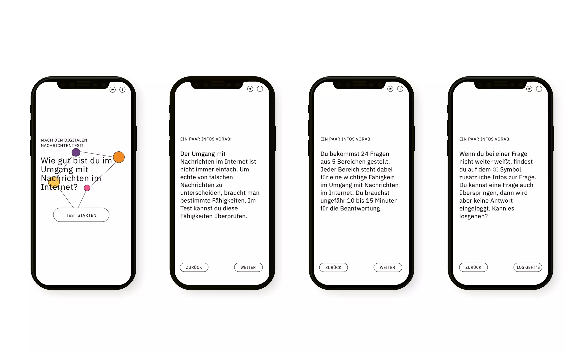 Mehrere Smartphones in einer Reihe mit unterschiedlichen Ansichten des Newstests, darunter Startbildschirm und Infoseiten zum Ablauf