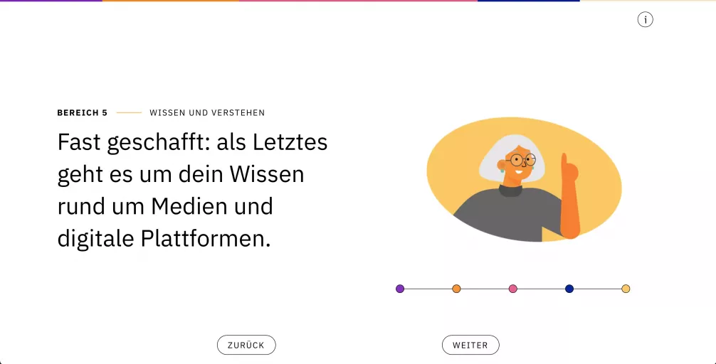 Ansicht des Bereichs „Wissen und Verstehen“ mit Infotext und gelber Illustration einer Person mit Brille, die den Finger hebt