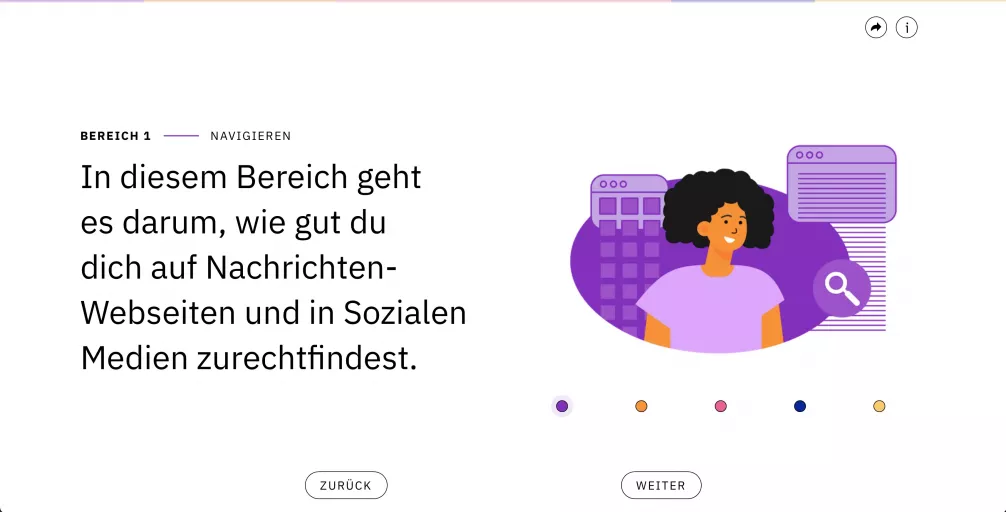 View of the „Navigieren“ (Navigate) section with informational text and purple illustration of a person in front of website icons