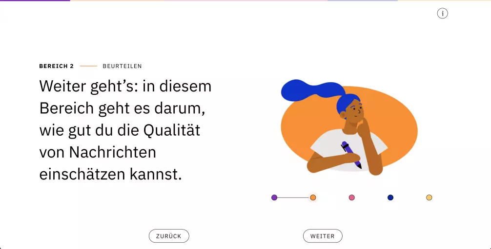 Ansicht des Bereichs „Beurteilen“ mit Infotext und orangefarbener Illustration einer nachdenklichen Person mit Stift in der Hand