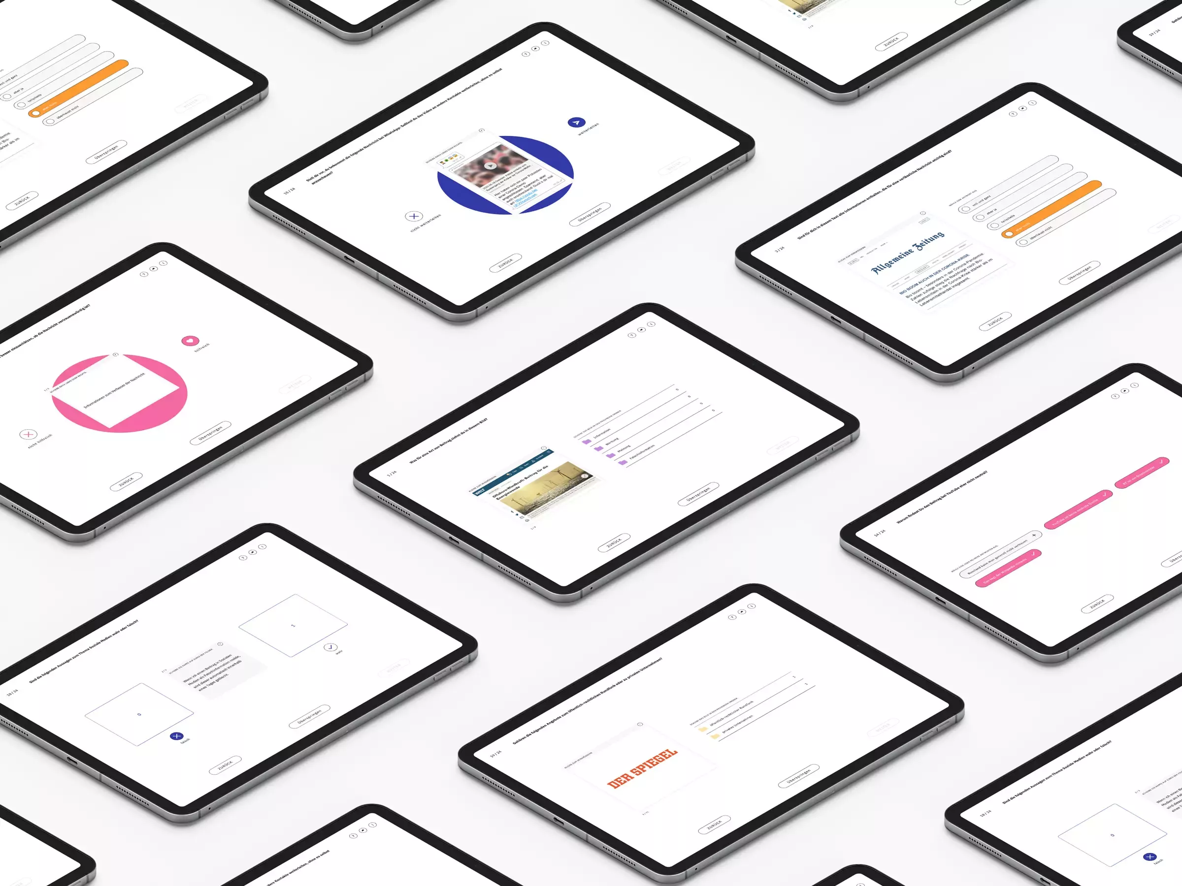 Several tablets arranged at an angle with different views of the news test, including infographics, text modules, and interactive elements
