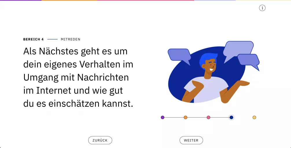 Ansicht des Bereichs „Mitreden“ mit Infotext und blauer Illustration einer Person mit mehreren Sprechblasen
