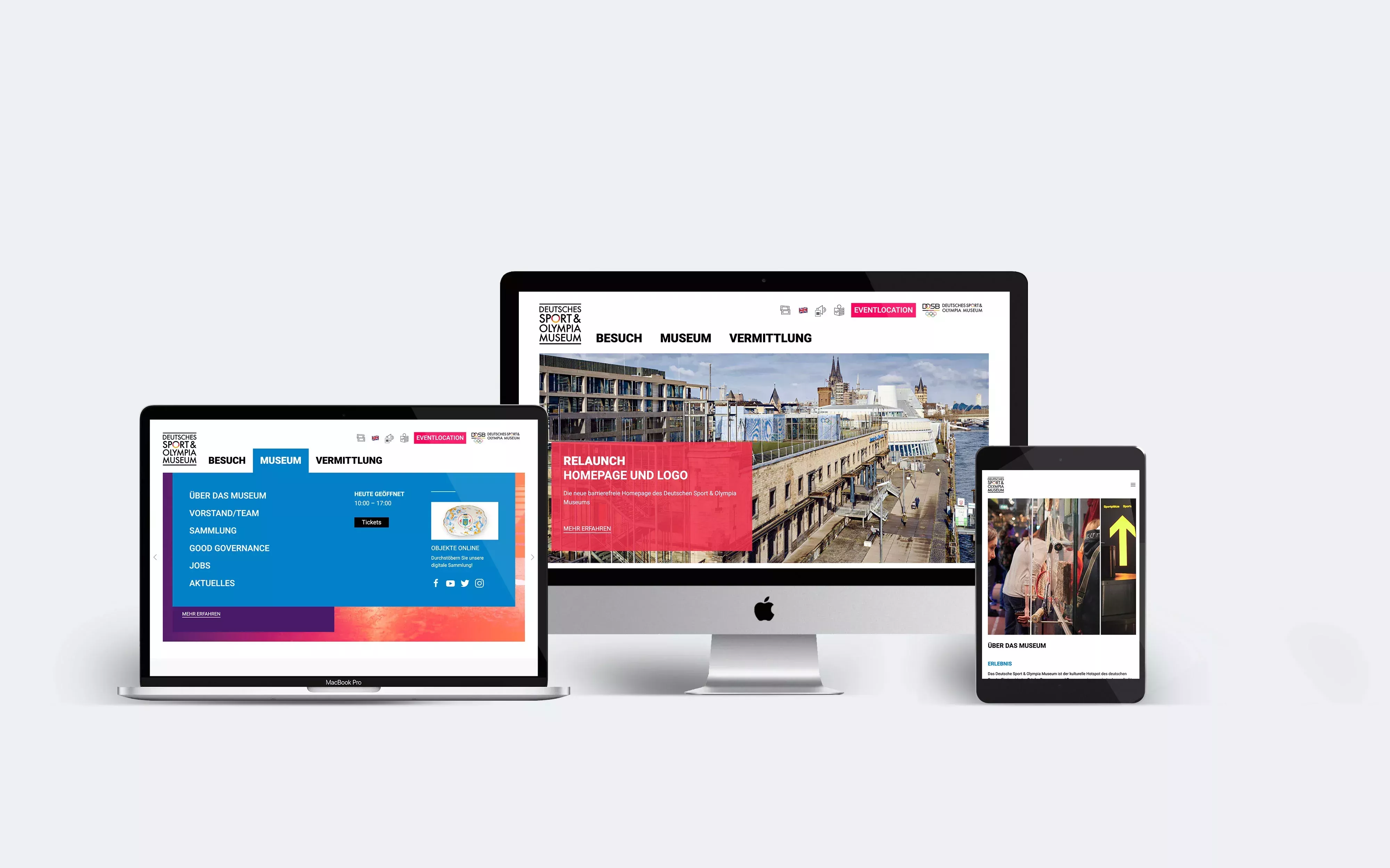 Three devices, including a laptop, tablet, and smartphone, display the website of the German Sports & Olympic Museum with a modern layout
