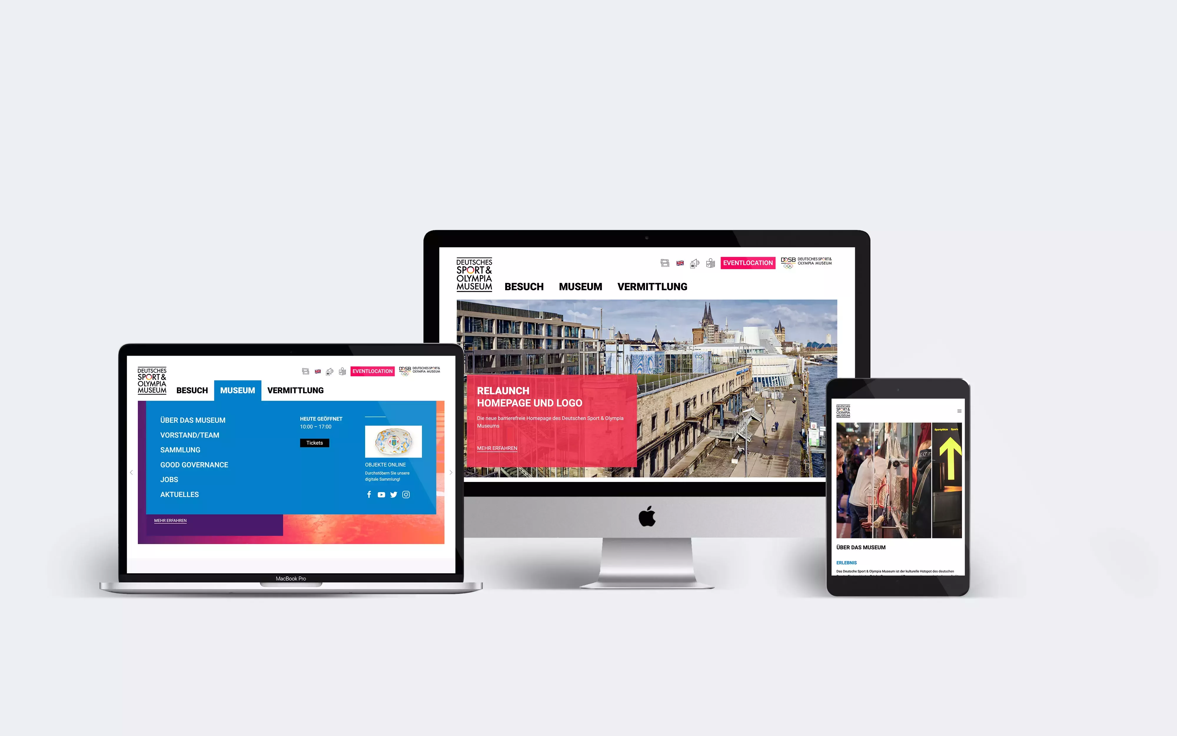 Laptop, desktop PC, and tablet with different views of the German Sports & Olympic Museum website arranged side by side