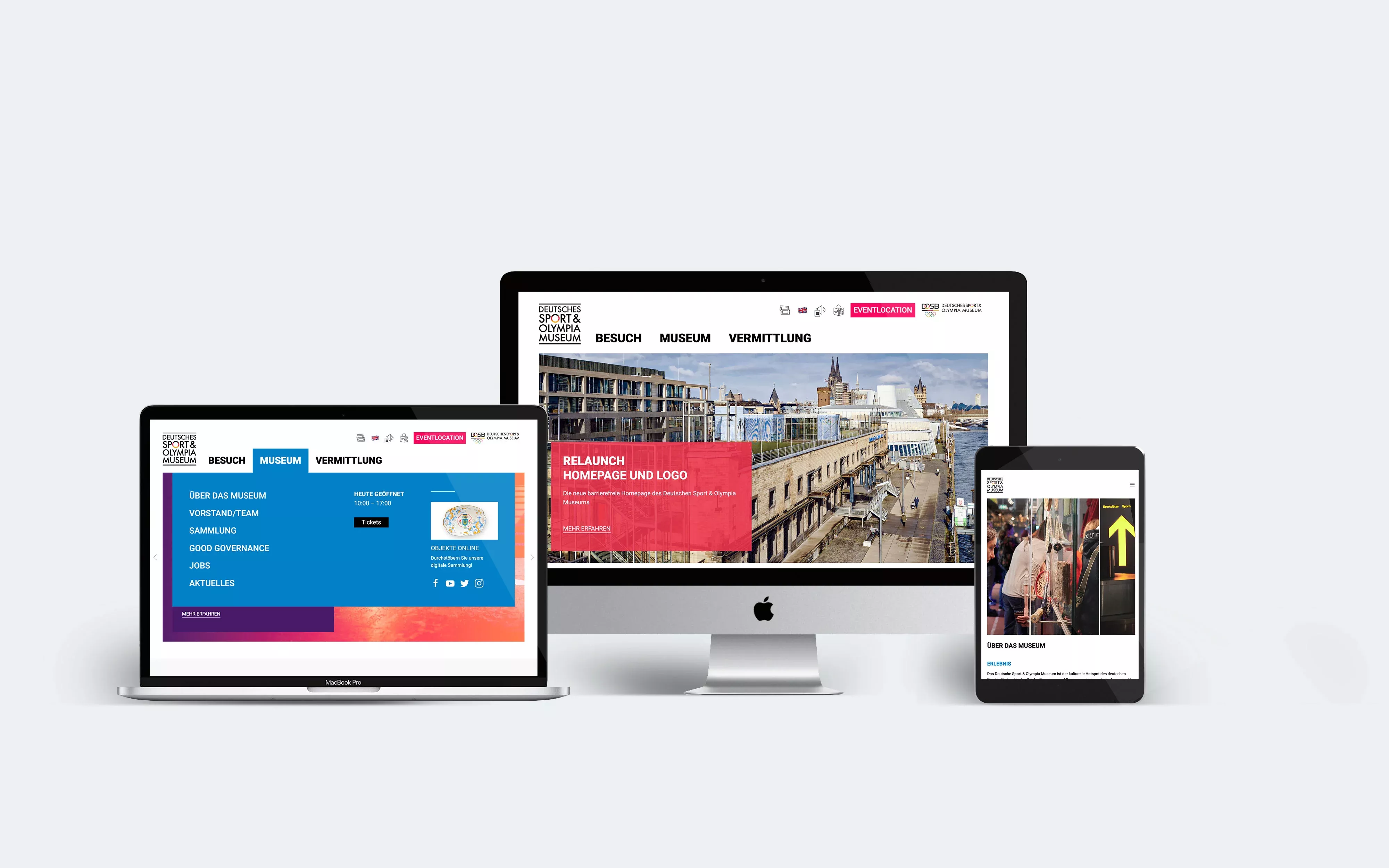 Drei Geräte, darunter Laptop, Tablet und Smartühone, zeigen die Website des Deutschen Sport & Olympia Museums mit modernem Layout