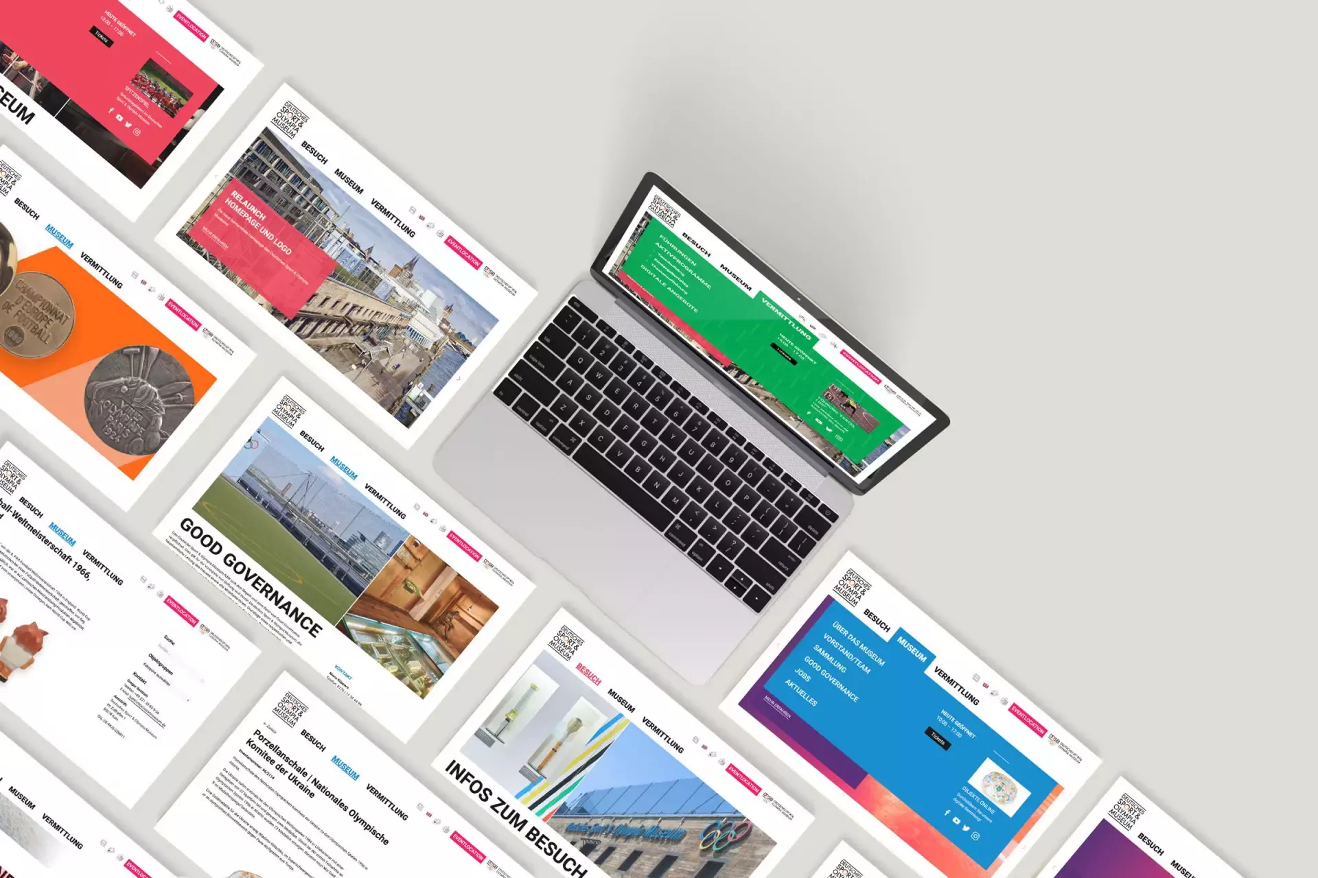 Open laptop displaying the website of the German Sports & Olympic Museum. Surrounded by individual excerpts from the website as screenshots