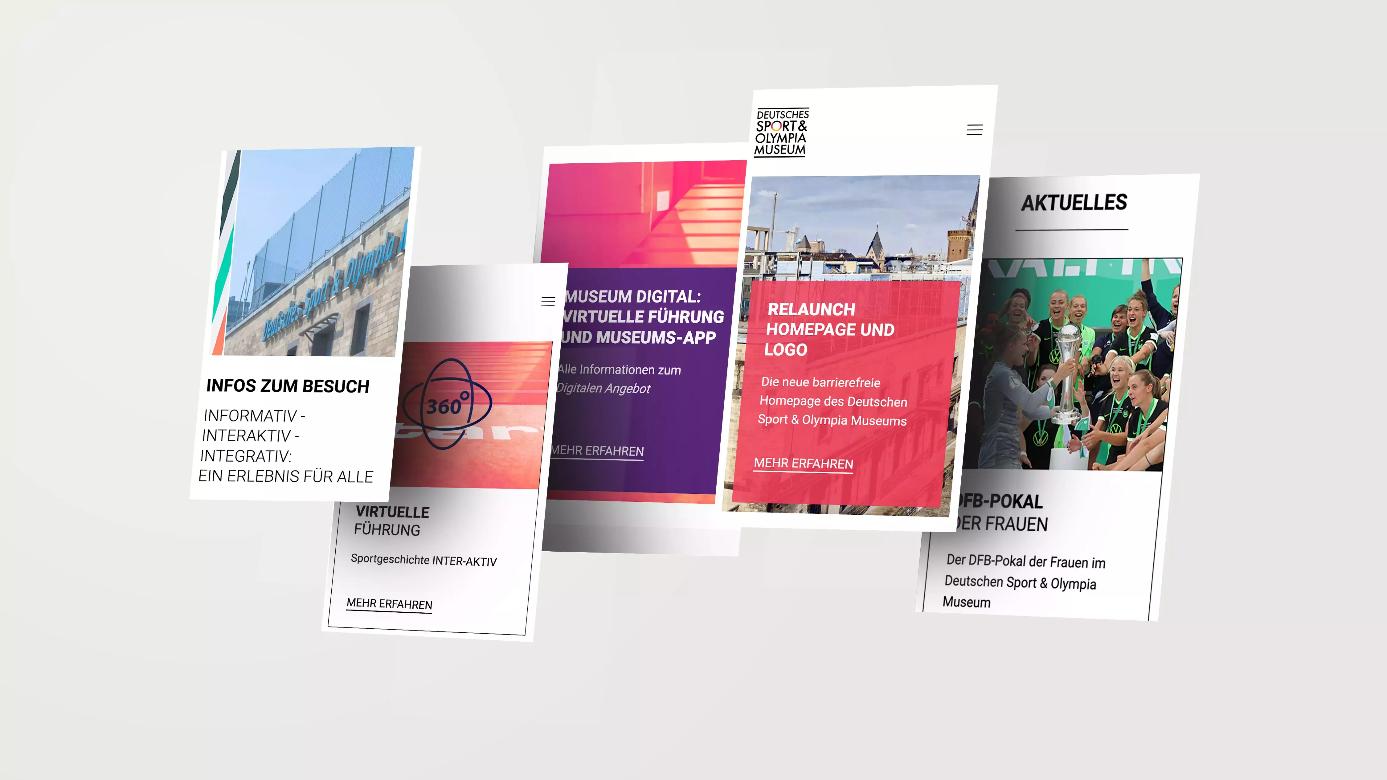 Excerpts from various pages of the German Sports & Olympic Museum website in tablet format, including the home page, news, and visitor information