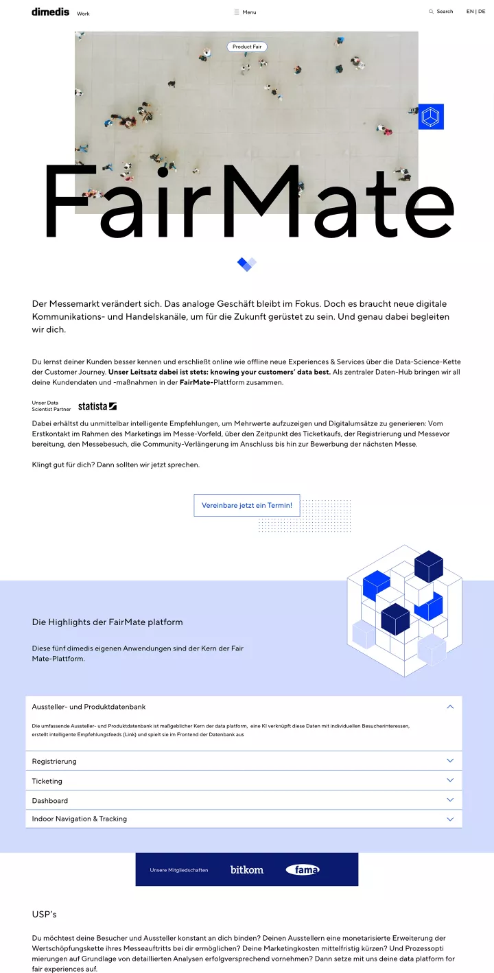 Screenshot der dimedis-Webseite mit Produktseite \