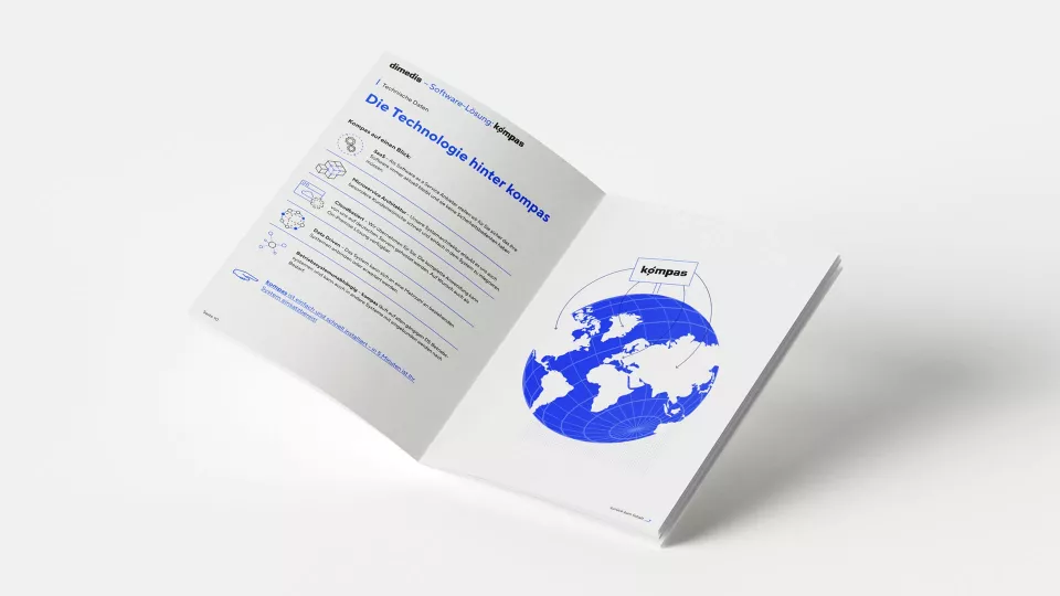 Open dimedis brochure on white background, technical data and icons on the left with the heading \