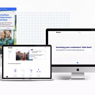 dimedis-Markenauftritt in Print und Digital: Zwei Broschüren mit Slogan „Botschaften, die ankommen und wirken“, daneben Laptop, iMac und Tablet mit dimedis-Website und Claim „knowing your customers’ data best“